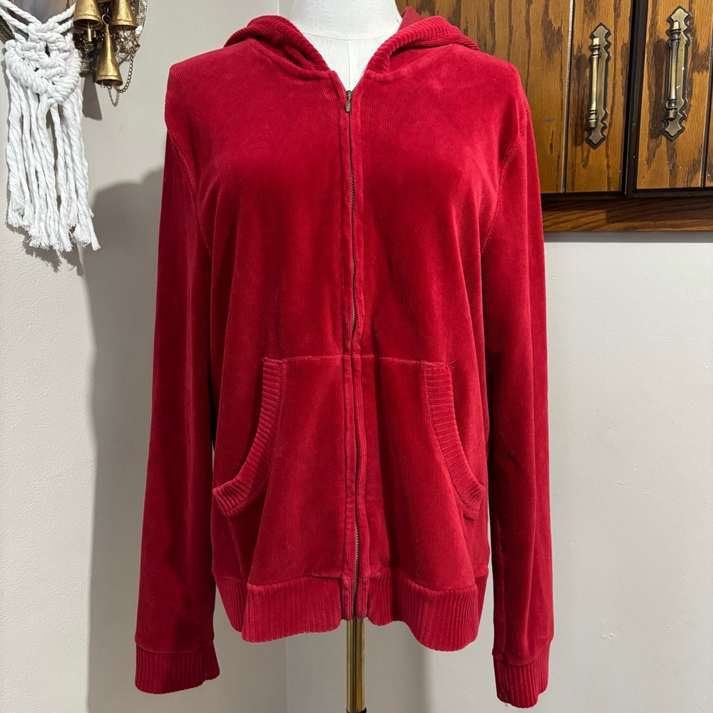 Jones Sport Red Velvet Corduroy Jacket Size Large Hooded Full Zip Y2K Vtg